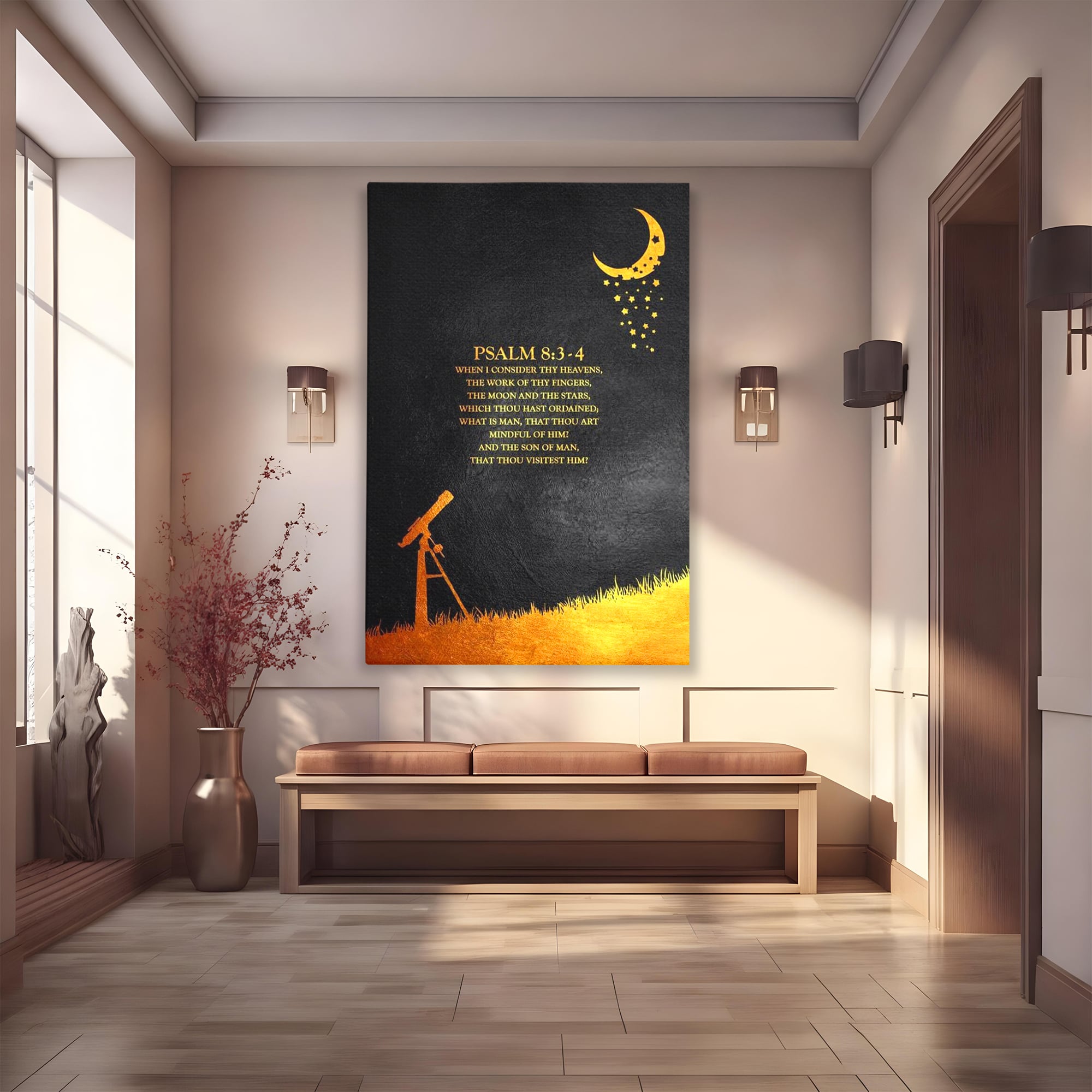 Tablou canvas cu tablou canvas cu citat biblic si telescop, fara rama, pe sasiu de lemn